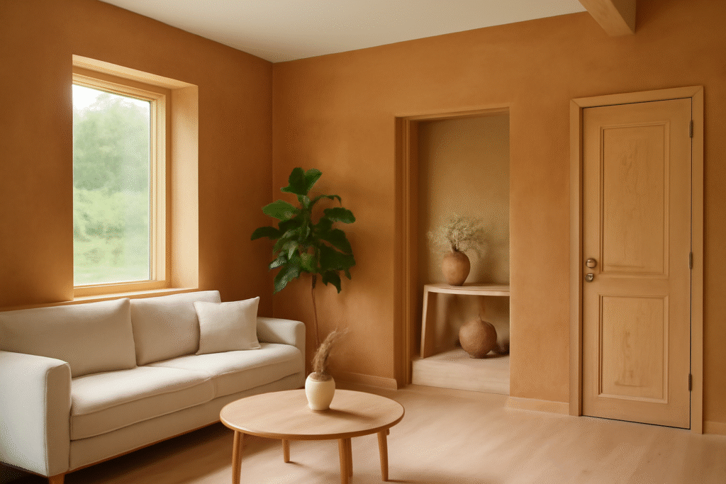 Interior residencial com paredes em estuque de argila colorida demonstrando acabamentos naturais em construção sustentável