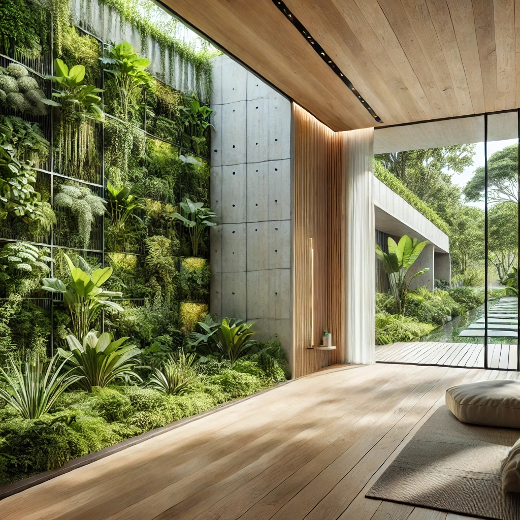 Design biofílico avançado em casa sustentável de 2025 com integração entre natureza e espaço construído.