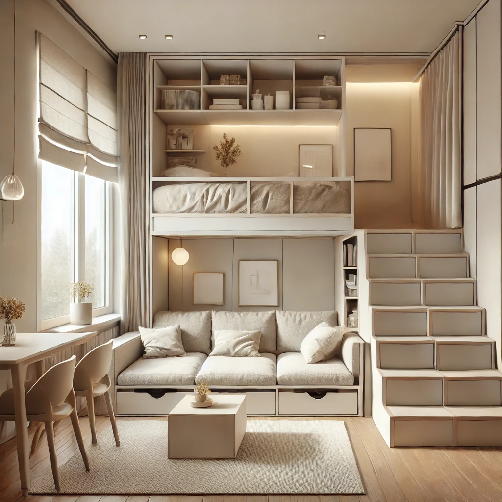 Interior minimalista e multifuncional de casa sustentável de 2025 com móveis transformáveis.