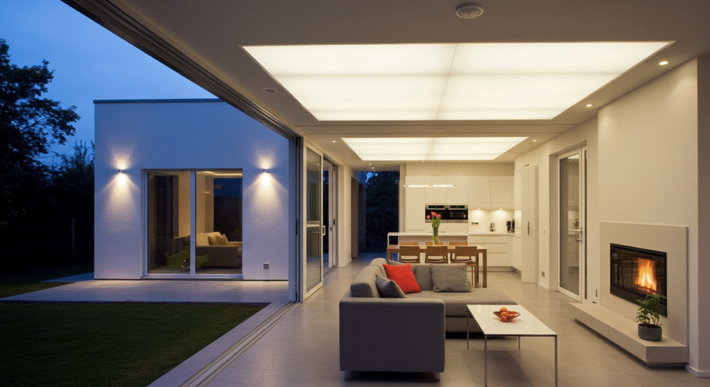 Sala de estar com iluminação eficiente em camadas combinando LEDs e aproveitamento de luz natural para máxima eficiência energética.