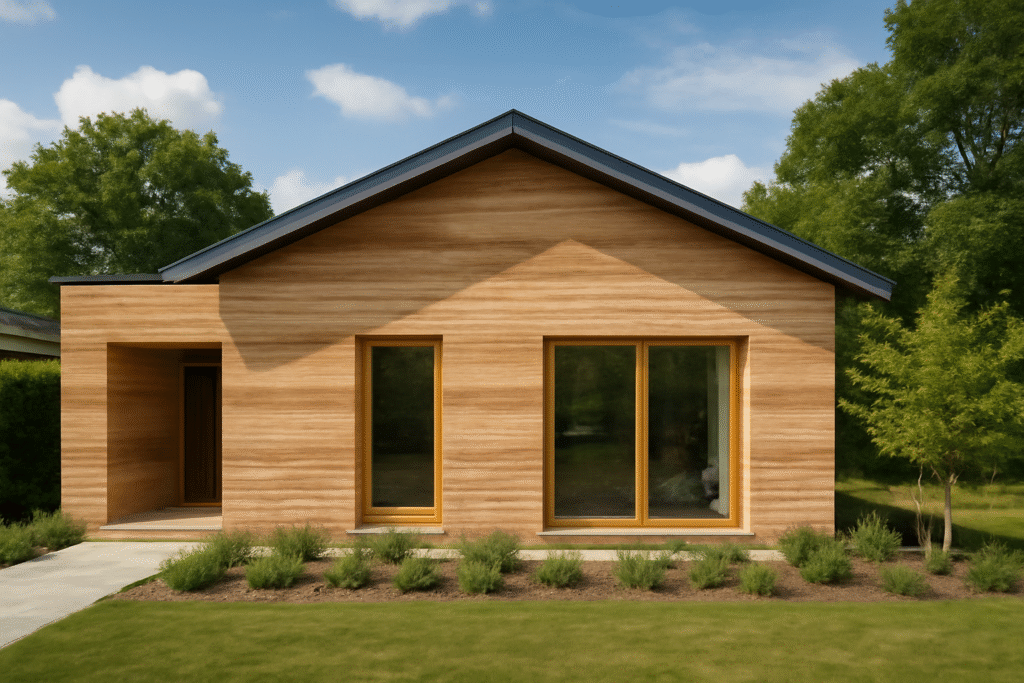 Residência moderna com paredes de taipa de pilão exibindo textura natural e design contemporâneo em construção ecológica