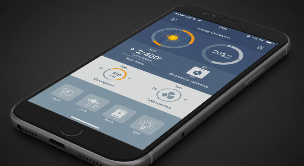 Interface de aplicativo de automação residencial para eficiência energética mostrando controles integrados e monitoramento em tempo real do consumo.