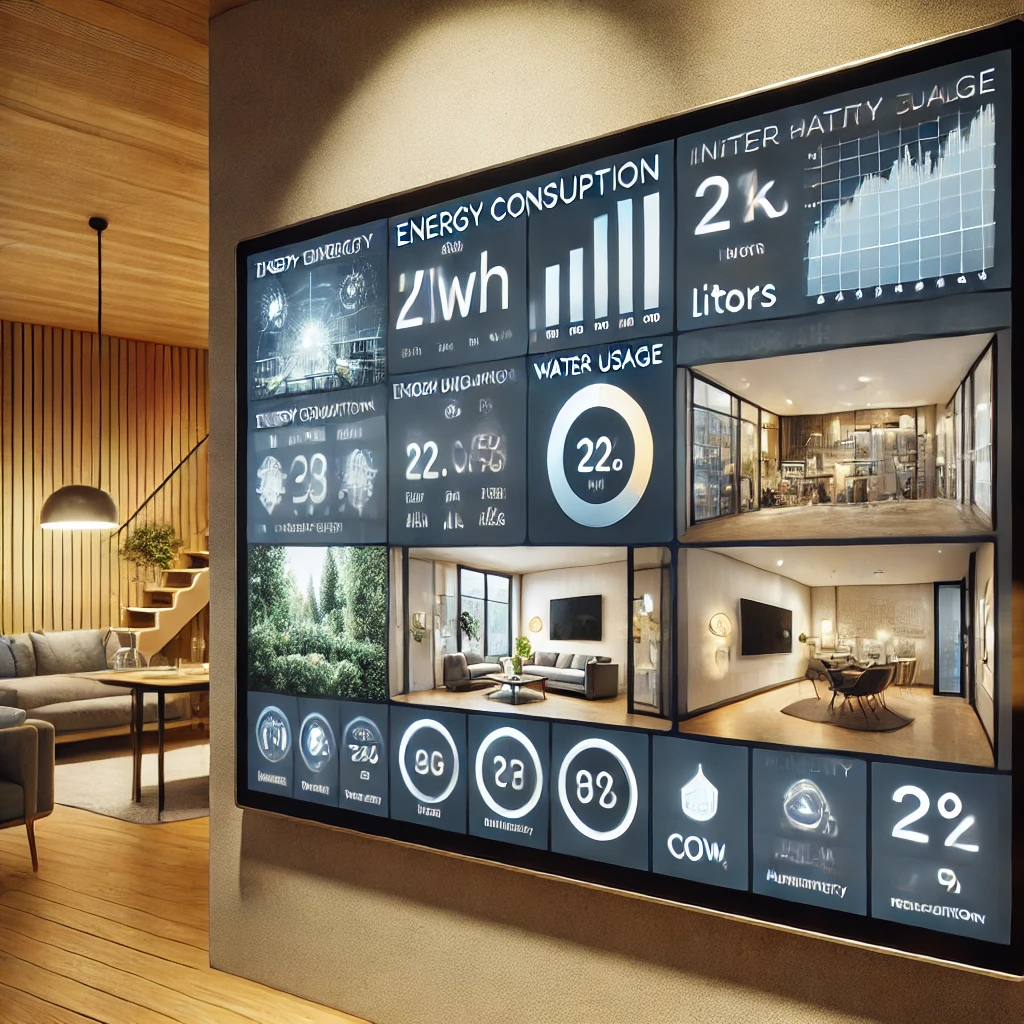 Interface de controle de casa inteligente sustentável mostrando métricas de eficiência e consumo de recursos.