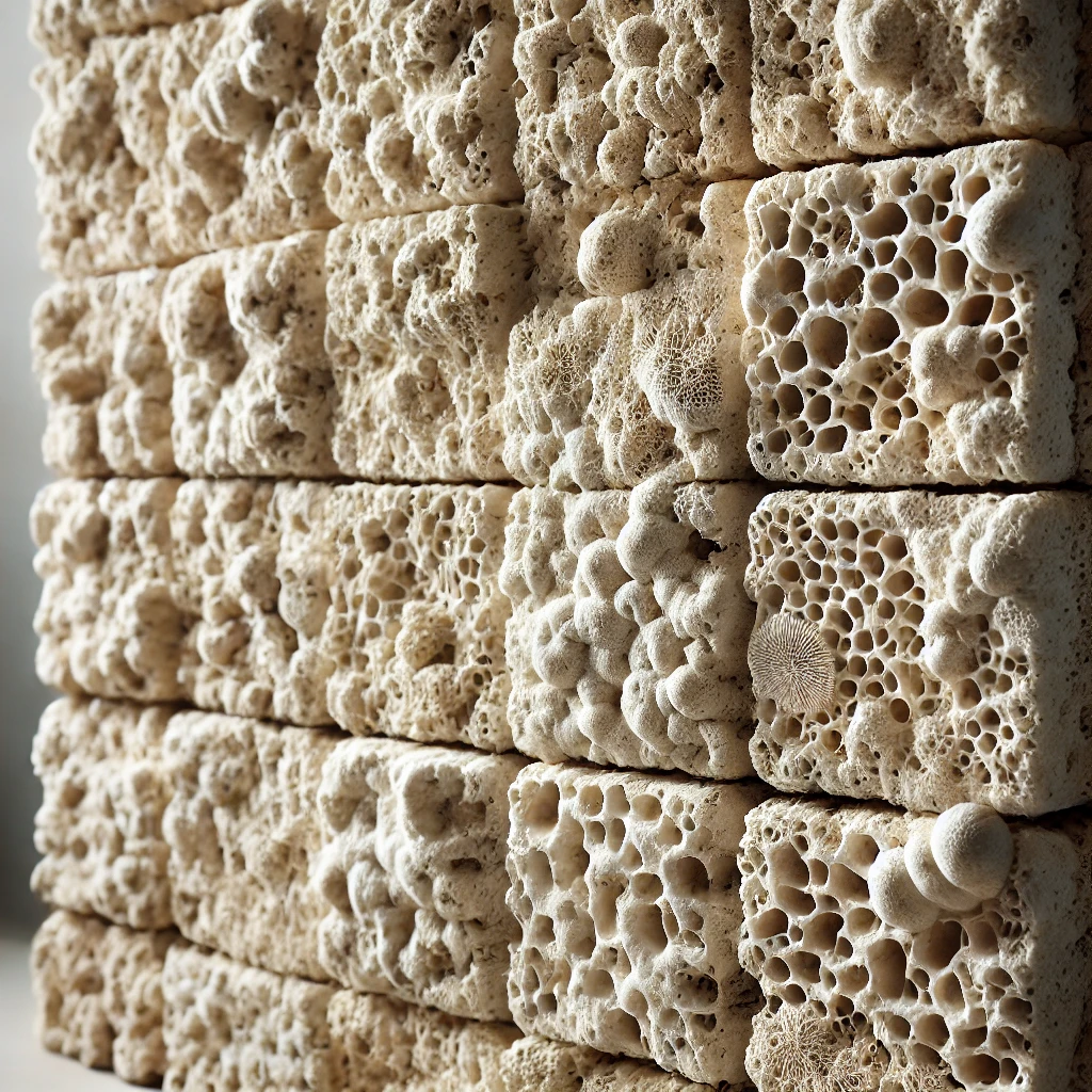 Parede construída com tijolos de micélio, exemplo de biomaterial sustentável para casas.
